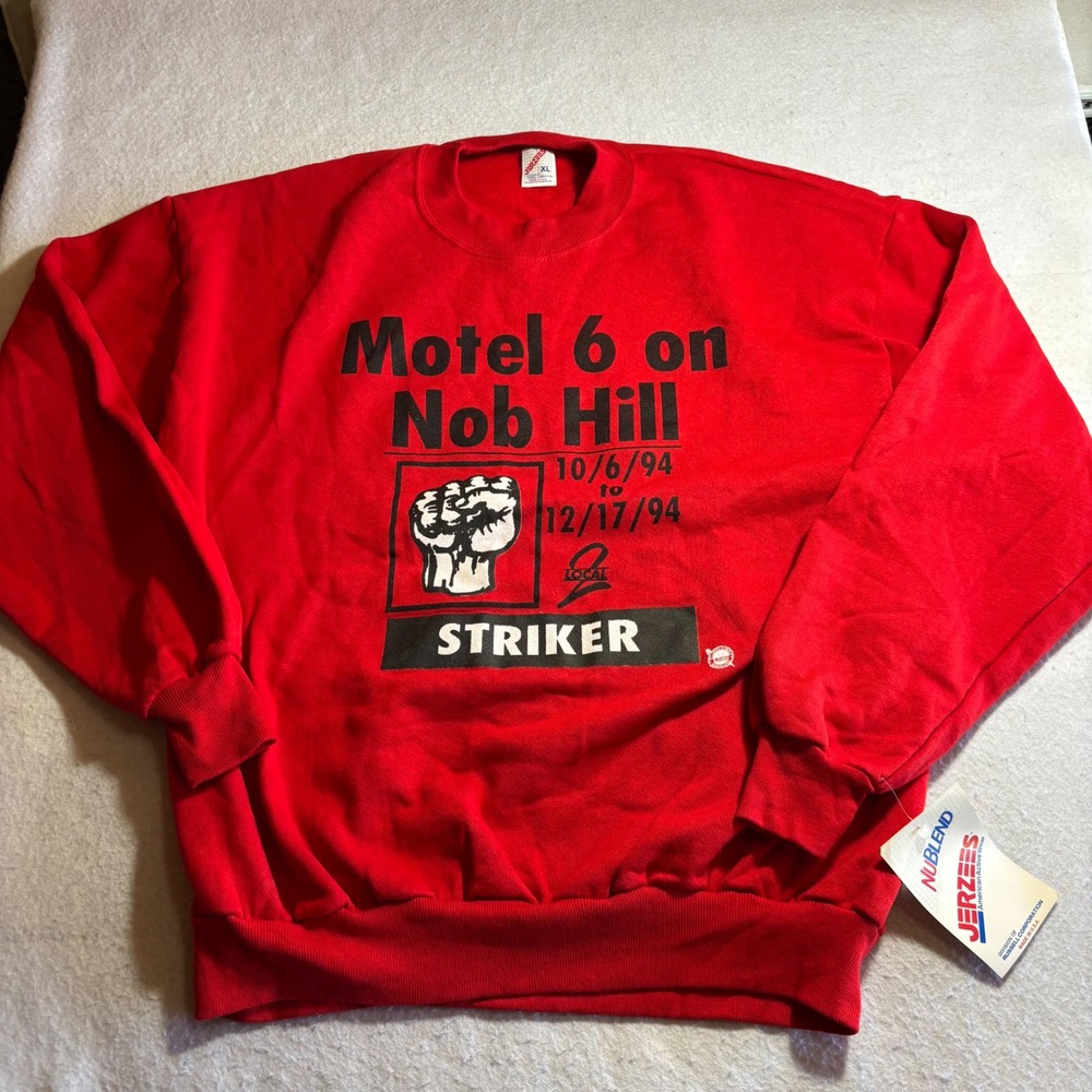 Jerzees Vintage 90s Motel 6 Nob Hill Strike Sweatshirt Red XL ILGWU Union